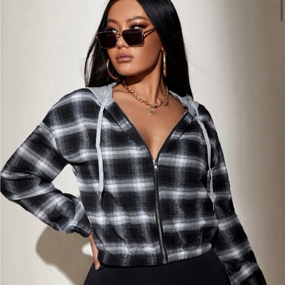 Plaid Drawstring Zip-up Hooded Jacket - Picture 2 of 3